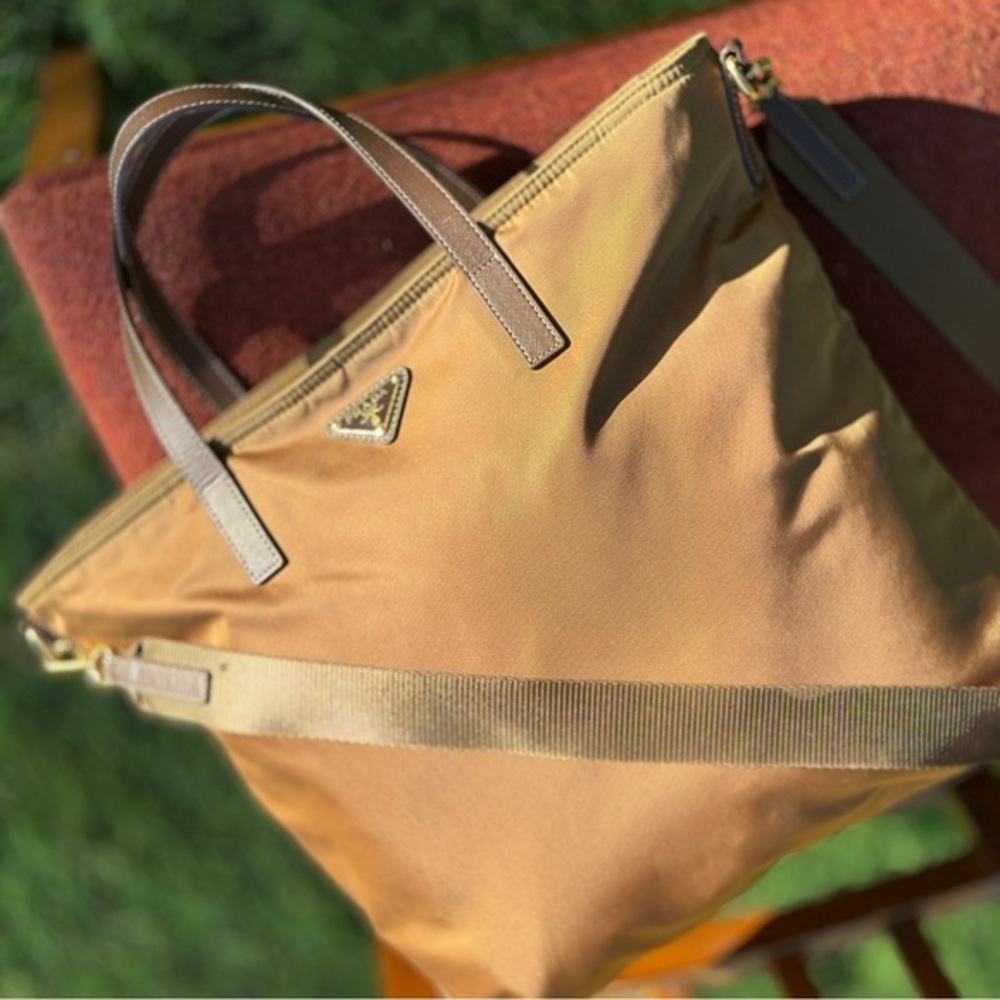 AUTHENTIC Tessuto Nylon Saffiano Shopping Tote. Tan. - Picture 6 of 15